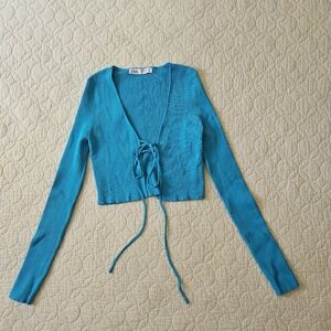 Zara Ribbed Knit Tie Front Cropped Cardigan